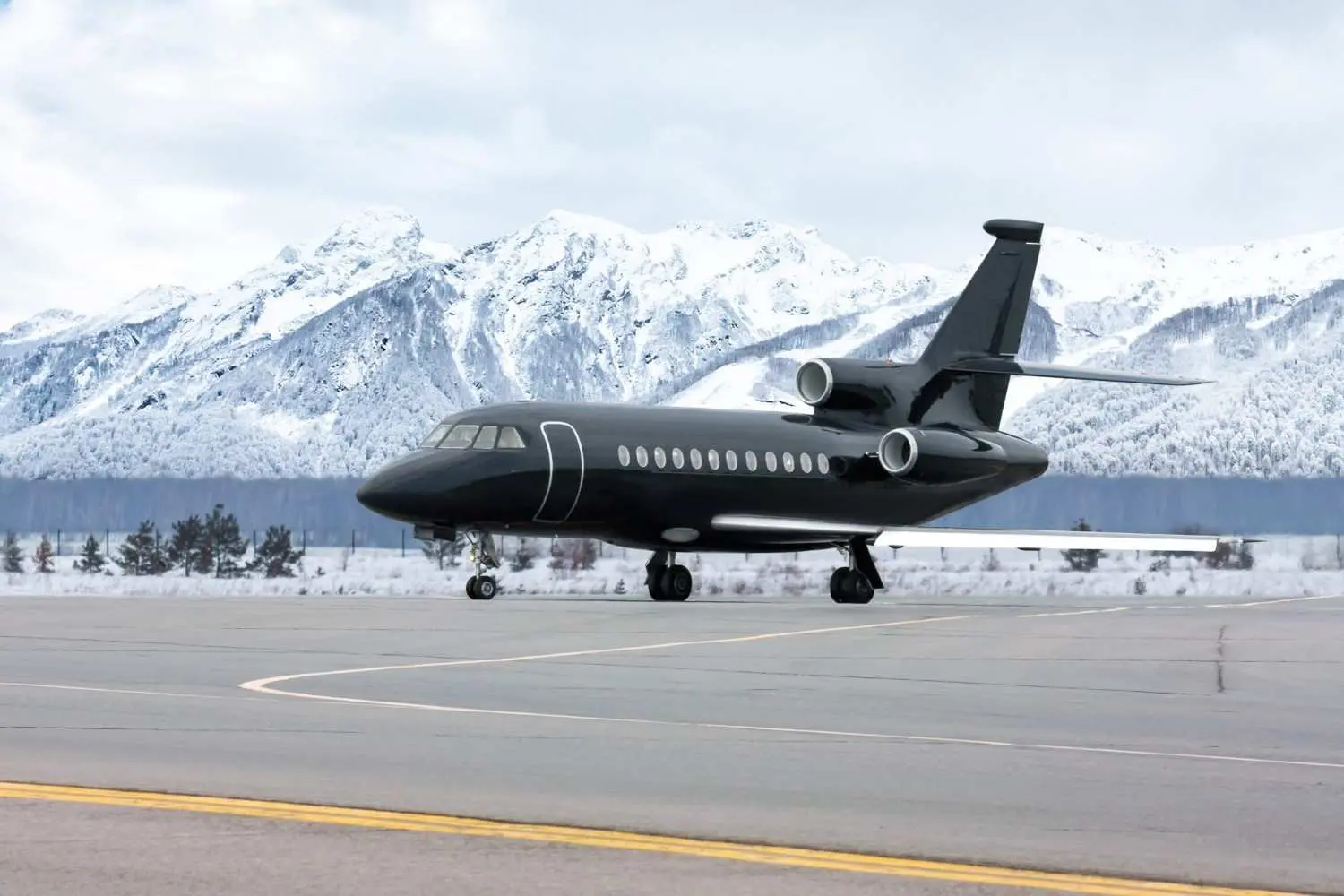 Black Luxury Business Jet On Airport Apron In Winter On